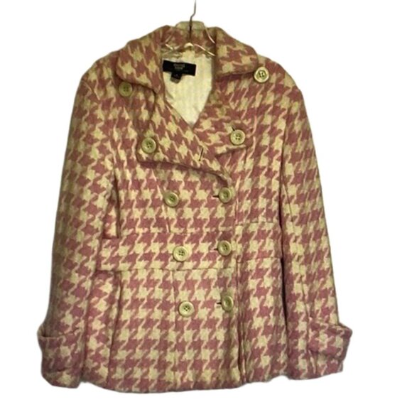 CoffeeShop Houndstooth Pink Wool Pea Coat Twee Retro Glam Clueless Preppy M - Picture 1 of 16